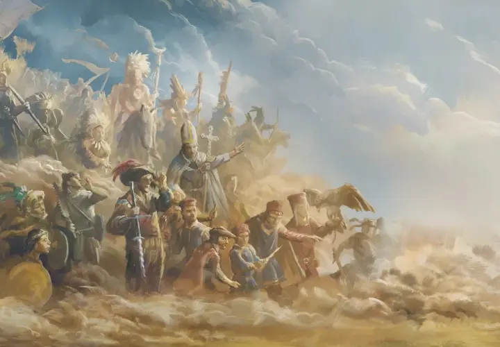 Papież błogosławi armię w chmurach, symbolizującą epokę Europa Universalis II. Widać żołnierzy, wojowników z pióropuszami i orła.
