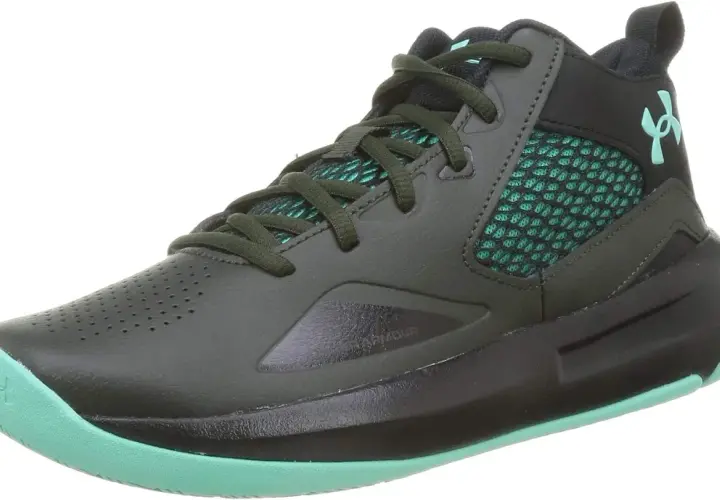 Buty Under Armour Lockdown 5 w kolorze ciemnozielonym z turkusowymi akcentami.