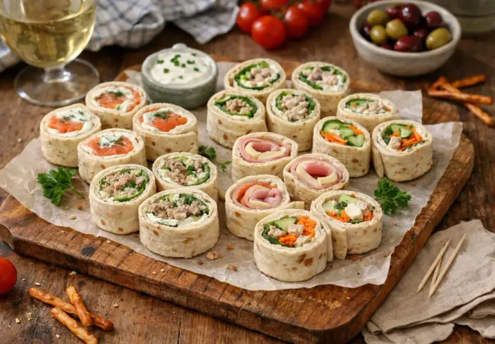 Un assortiment coloré de wrap apéro, garni de saumon, viande hachée, jambon et crudités, prêt à régaler.