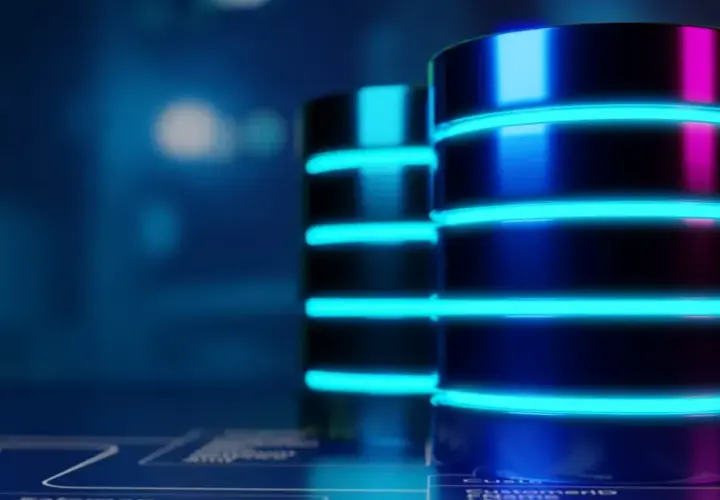 Server con luci al neon blu e rosse, che simboleggiano un sistema di database ole db.