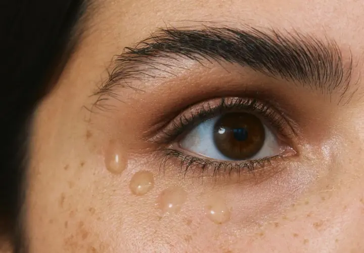 Nahaufnahme eines Auges mit Sommersprossen und Tropfen eines Serums, die die Haut darunter erfrischen. Selbst leichte **Schatten unter den Augen** können so verschwinden.