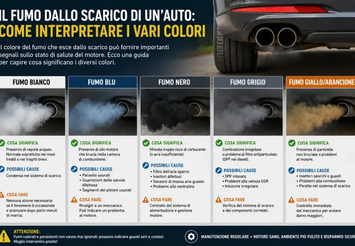 Guida ai colori del fumo dallo scarico: bianco (vapore), blu (olio), nero (carburante), grigio (combustione irregolare), giallo/arancione (particelle). Il gas di scarico rivela la salute del motore.