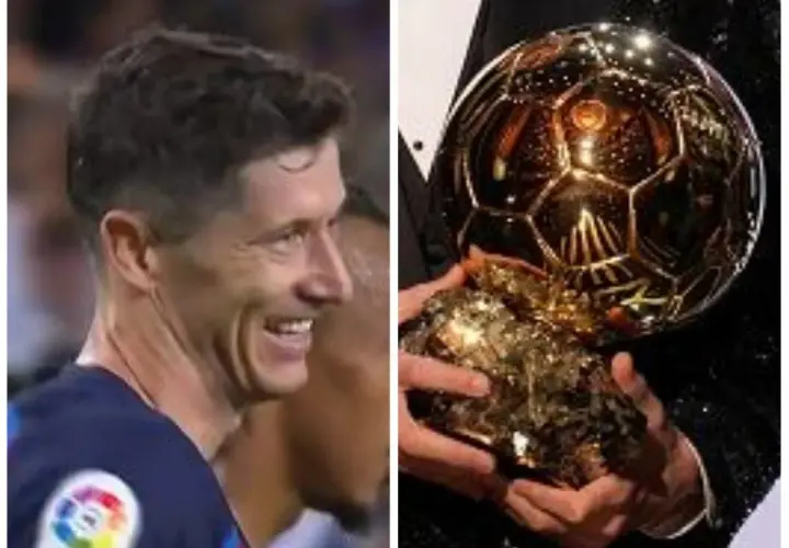 Uśmiechnięty Robert Lewandowski z dumą prezentuje Złotą Piłkę, symbol swojego piłkarskiego triumfu.