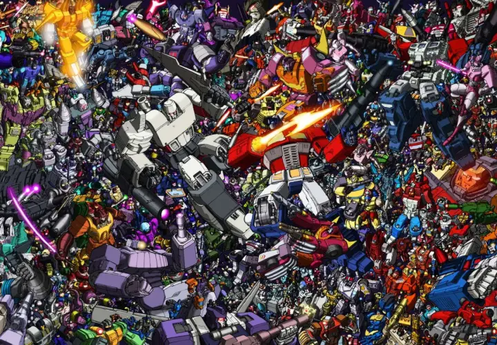 Tysiące robotów z różnych części Transformers walczą w epickiej bitwie.