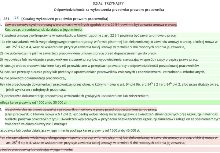 Fragment tekstu prawnego dotyczący odpowiedzialności za wykroczenia przeciwko prawom pracownika.