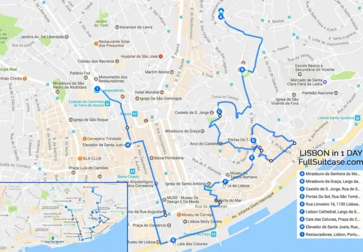 Map showing a walking route for what to do in Lisbon for a day, hitting key landmarks like São Jorge Castle and viewpoints.