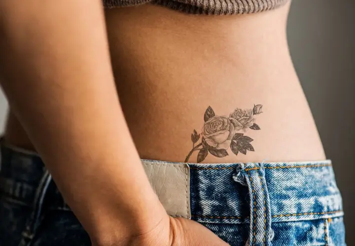 Delikatny tatuaż z różami na boku, jeden z najpiękniejszych tatuaży damskich, subtelnie zdobi skórę.