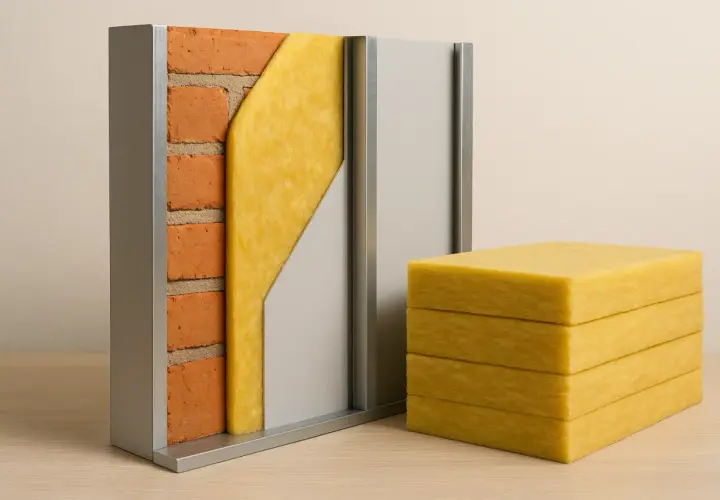 Sección de muro con ladrillos, aislamiento de fibra de vidrio amarillo y panel gris. Bloques de fibra de vidrio apilados al lado.