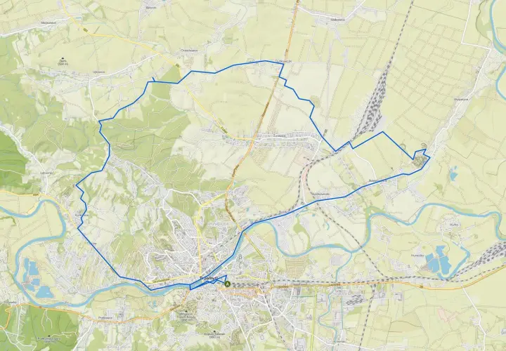 Mapa z zaznaczoną pętlą tras rowerowych Podkarpacie, prowadzącą przez malownicze tereny wokół Przemyśla.