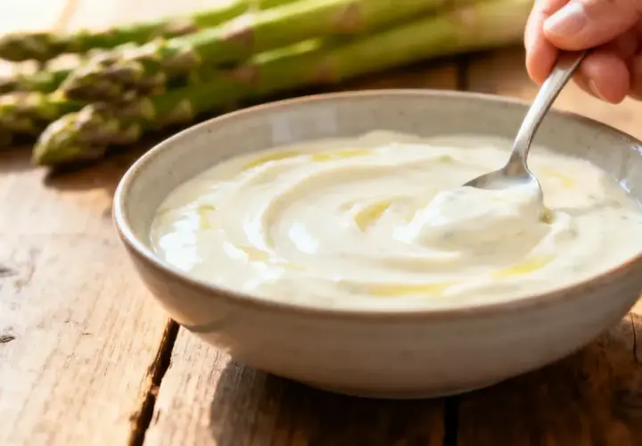 Un bol de sauce hollandaise légère, onctueuse et dorée, avec des asperges vertes floues en arrière-plan sur une table en bois.