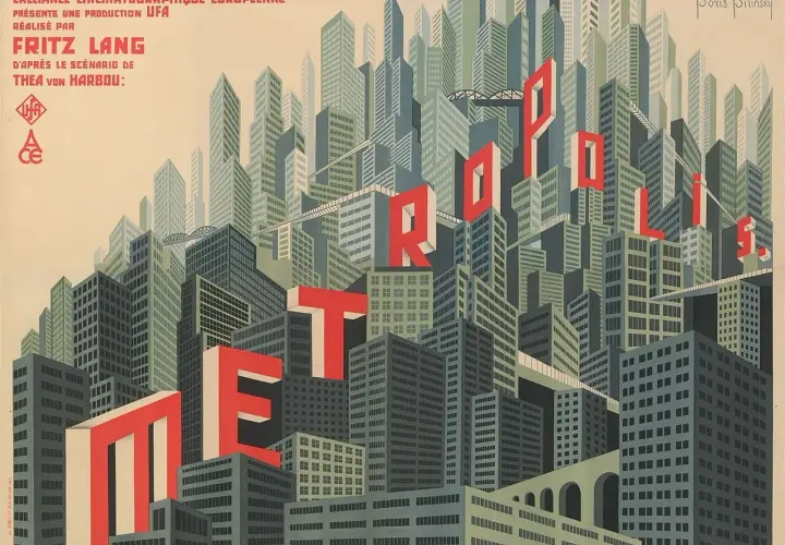Poster di Metropolis, un film di Fritz Lang. La città futuristica è rappresentata con grattacieli imponenti, un esempio di diversi tipi di film in inglese.