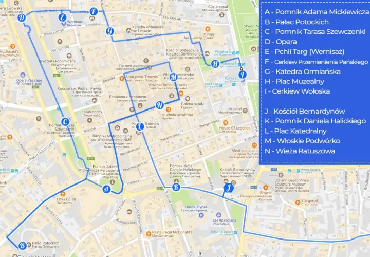 Mapa Lwowa z zaznaczoną trasą turystyczną, obejmującą atrakcje takie jak Opera Lwowska, Plac Potockich, Katedra Ormiańska i Wieża Ratuszowa.