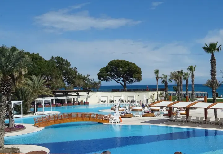 Luksusowy basen z drewnianym mostkiem i palmami, idealne miejsce na relaks w Rixos Turcja.