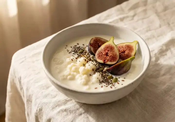 Un tazón de kéfir cremoso con higos frescos y semillas. ¡Una delicia que algunos creen que el kéfir engorda!
