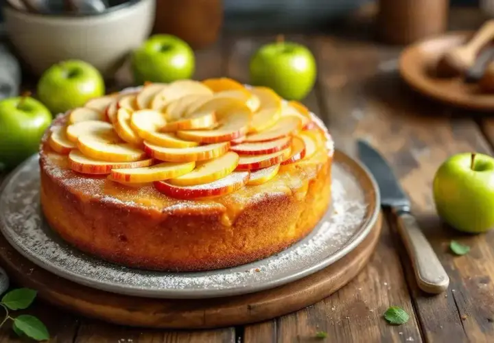 Un délicieux moelleux aux pommes, garni de fines tranches de pommes fraîches, saupoudré de sucre glace. Des pommes vertes entières et une petite feuille de menthe complètent cette scène gourmande.