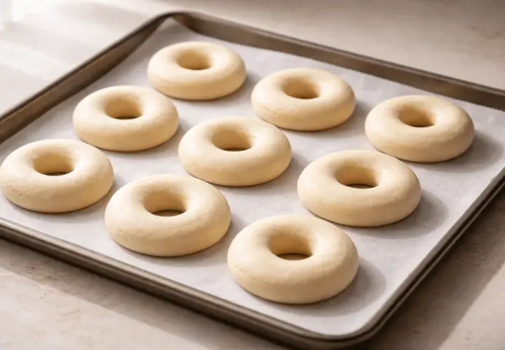 Nueve donuts caseros crudos en una bandeja para hornear, listos para ser horneados y decorados.