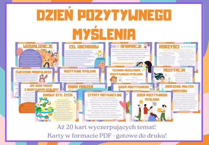 Dzień pozytywnego myślenia: wizualizacje, afirmacje, medytacja i korzyści. Karty PDF do druku.