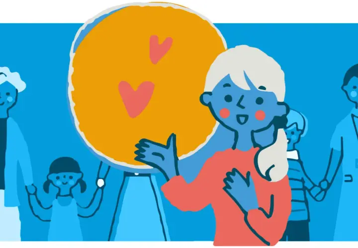 Un gruppo di persone sorridenti, con un grande cerchio giallo e cuori al centro, simboleggia il percorso per uscire dalla depressione con il supporto della comunità.