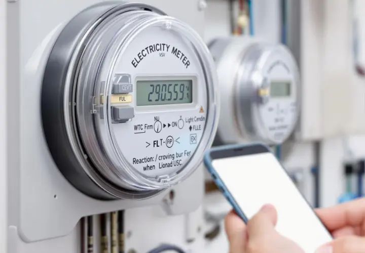 Cyfrowy licznik energii elektrycznej z odczytem 290.559. Obok smartfon, który może pomóc w tym, jak obliczyć zużycie prądu z licznika.