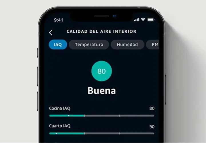 App móvil muestra "Calidad del Aire Interior" con IAQ de 80, "Buena". Detalla IAQ de cocina y cuarto.