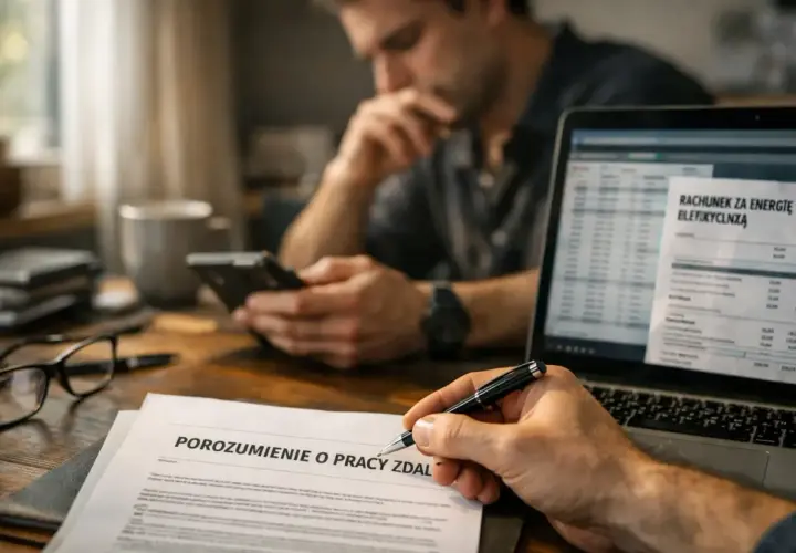 Dłoń podpisuje umowę o pracę zdalną, obok rachunek za energię i mężczyzna korzystający z telefonu.