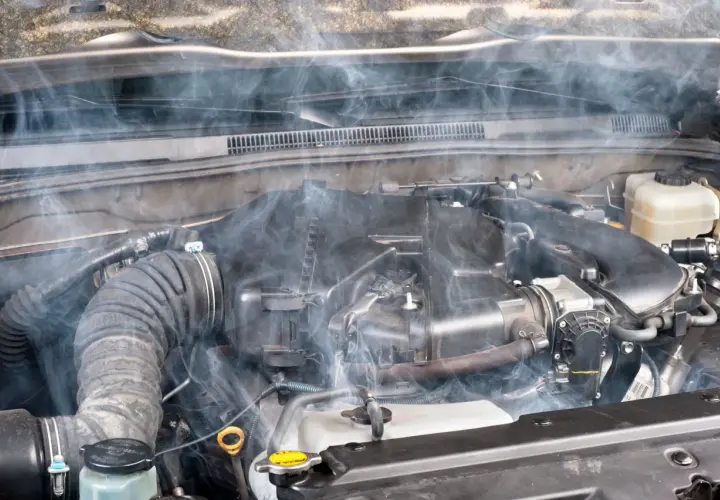Humo blanco emana del motor de un coche, indicando posible agua en el motor.