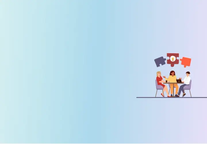 Three people collaborate around a table, with puzzle pieces symbolizing teamwork and a bright idea. This image represents the collaborative effort needed to achieve a government degree.