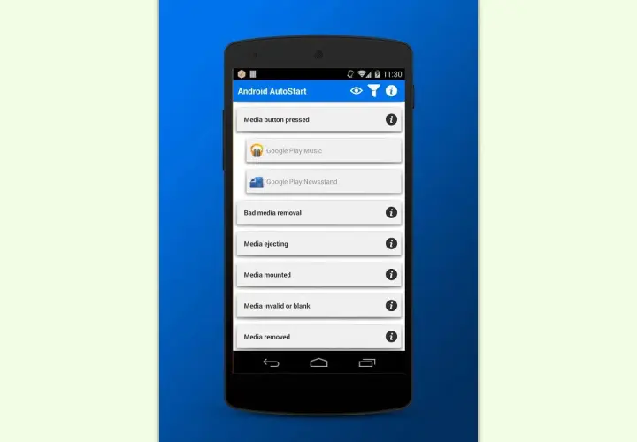 Android AutoStart-App zeigt Optionen für Medienereignisse und Apps wie Google Play Music. Verwalten Sie Ihre **Apps und Daten** für eine reibungslose Android-Nutzung.