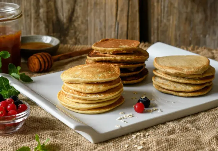 Montón de tortitas de avena doradas, servidas con bayas frescas, miel y menta.