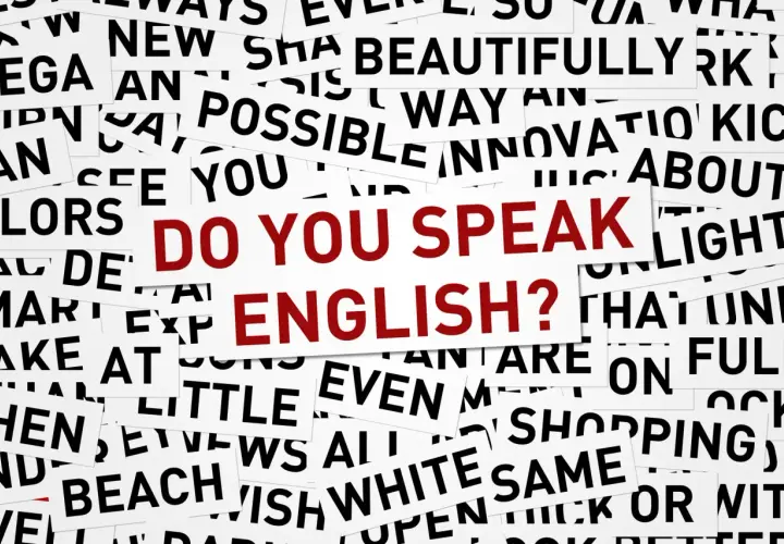 Frammenti di parole in inglese con la "l", come "possible", "beautifully", "little", "light", "full", "shopping", "well", "beach", "wish", "white", "same", "thick", "look". Al centro, in rosso: "DO YOU SPEAK ENGLISH?".