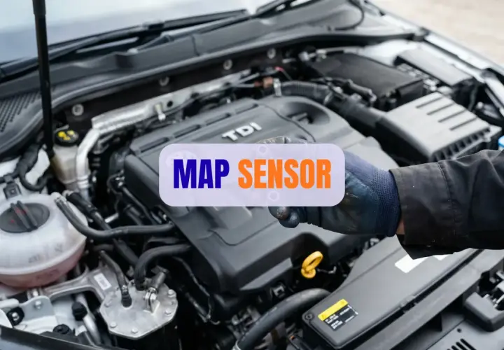Ręka w rękawiczce wskazuje na silnik TDI, gdzie widoczny jest napis "MAP SENSOR". Poznaj objawy awarii tego kluczowego elementu.