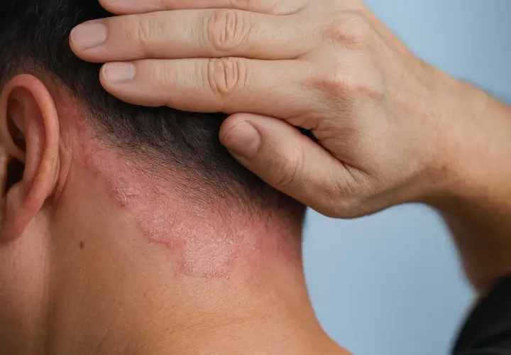 En hand som rör vid nacken där mild psoriasis syns som röda, fjällande fläckar.