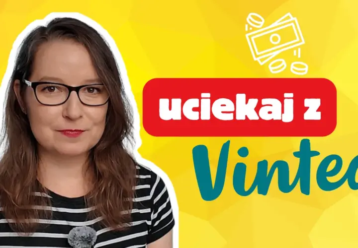 Kobieta w okularach na tle żółtym z napisem "uciekaj z Vinted". Czy to sposób na zarabianie na Vinted?
