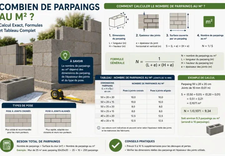 Calcul du nombre de parpaings au m², avec formule et tableau. La hauteur maxi mur parpaing de 10 est une donnée clé.