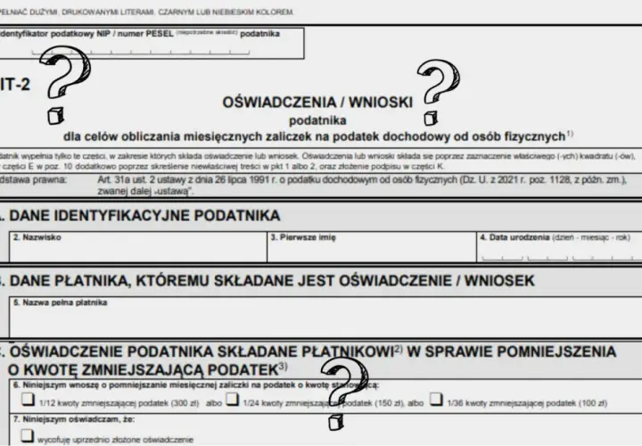 Formularz PIT-2 z pytajnikami, dotyczy oświadczeń i wniosków podatnika w sprawie zaliczek na podatek dochodowy.