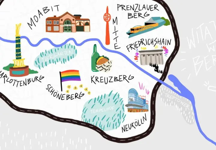 Ilustrowana mapa Berlina z dzielnicami jak Kreuzberg, Prenzlauer Berg. Czy Berlin jest bezpieczny? Wiele atrakcji, tęczowa flaga.