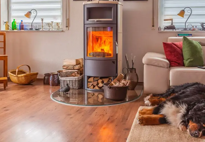 Un poêle bouilleur mixte crépite, réchauffant le salon où un chien dort paisiblement sur un tapis. Bois et paniers complètent ce tableau cosy.