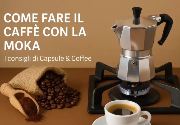 Impara come fare un buon caffè con la moka: chicchi tostati, polvere e la caffettiera sul fuoco.