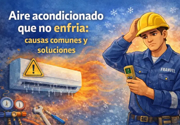 Técnico preocupado con manómetro y aire acondicionado que no enfría. Aprende como saber si le falta gas al aire acondicionado y sus soluciones.