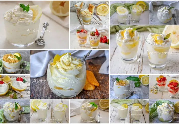 Collage di dessert al limone: coppette e bicchieri con soffice mousse al limone, guarniti con limone fresco, fragole e biscotti.