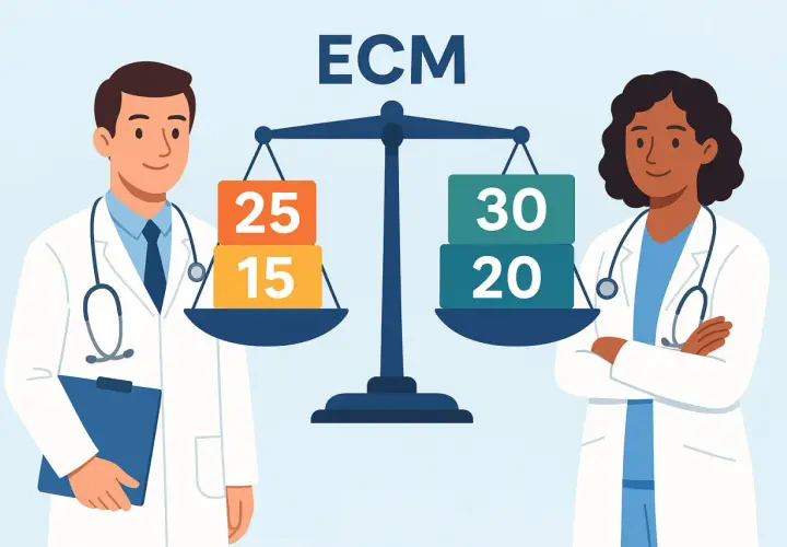 Bilancia ECM: come recuperare crediti triennio precedente. Due medici osservano i piatti con pesi diversi.