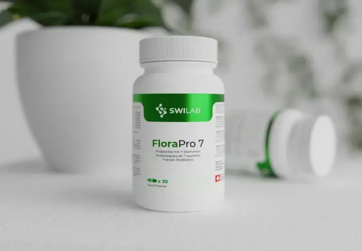 Flacone di FloraPro 7, uno dei migliori probiotici per sgonfiare pancia, con 30 capsule.