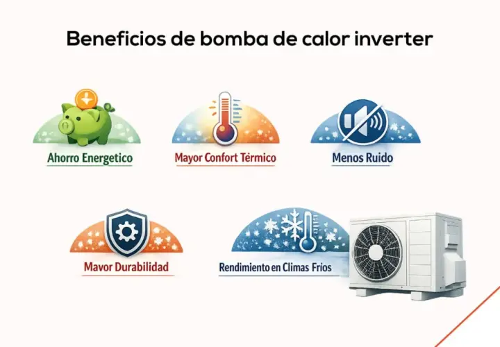 Beneficios de bomba de calor inverter: ahorro, confort térmico, menos ruido, durabilidad y rendimiento en climas fríos. El compresor de la bomba de calor es clave.