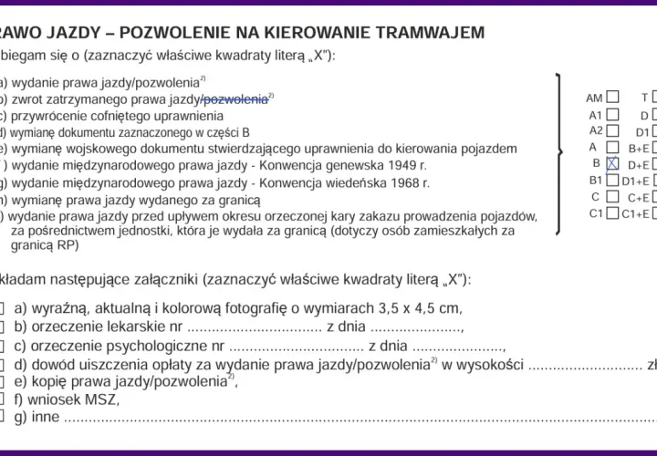 Formularz wniosku o zwrot zatrzymanego prawa jazdy. Zaznaczono opcję "zwrot zatrzymanego prawa jazdy/pozwolenia".