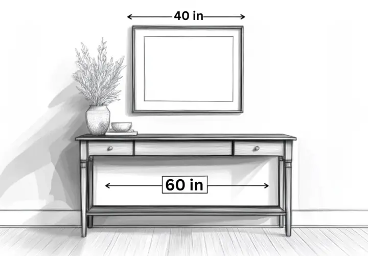 Illustration showing how high to hang art above a console table. The art is 40 inches wide, and the table is 60 inches wide.