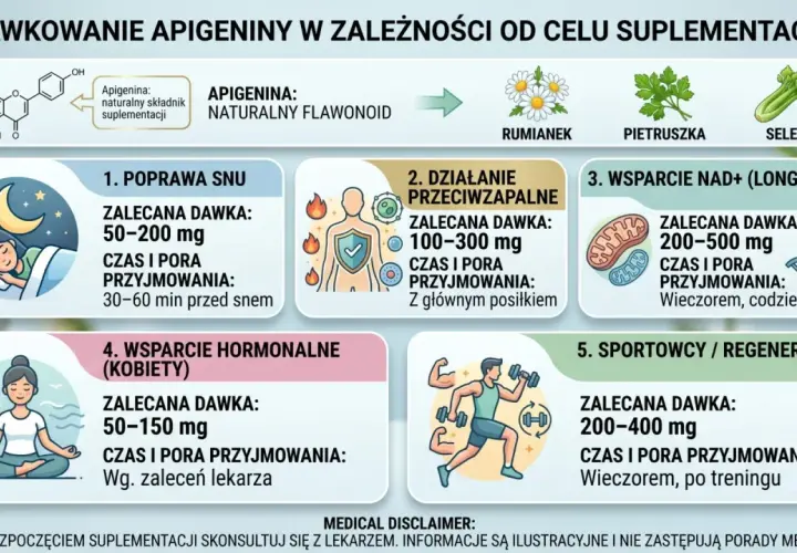 Apigenina: naturalny flawonoid. Dawkowanie dla poprawy snu, działania przeciwzapalnego, wsparcia NAD+, hormonalnego i regeneracji.