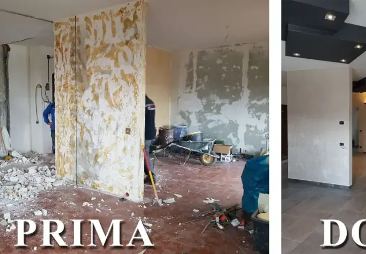 Ristrutturazione: prima, un cantiere con detriti e cartongesso da rimuovere; dopo, un ambiente moderno con nuovo pavimento e soffitto.