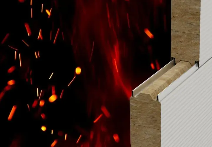 Przekrój materiału budowlanego z wełny mineralnej na tle płonących iskier.