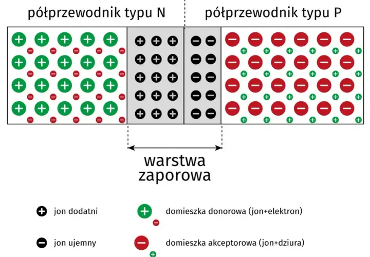 Schemat budowy diody prostowniczej: półprzewodnik typu N z dodatnimi jonami i domieszką donorową, półprzewodnik typu P z ujemnymi jonami i domieszką akceptorową, oraz warstwa zaporowa.