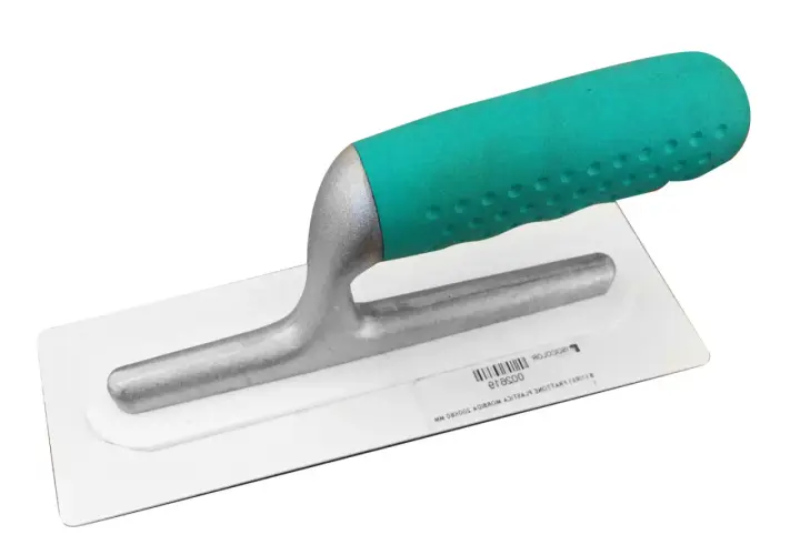 Frattazzo in plastica con manico ergonomico verde, ideale per lavori di finitura.